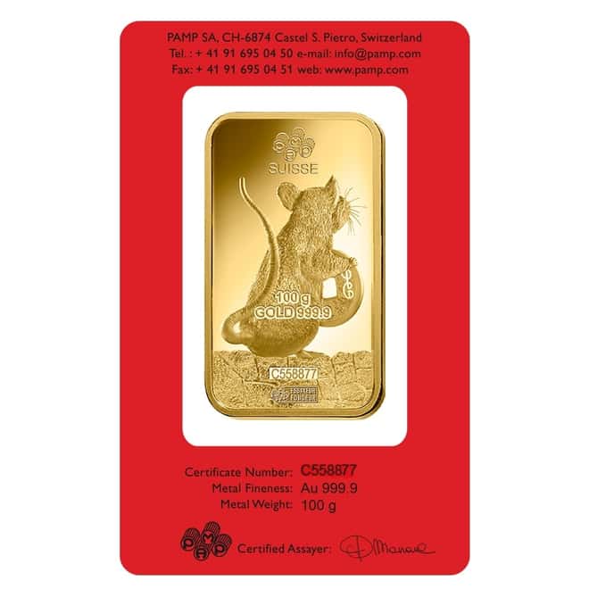 100 gram PAMP Suisse Year of the Mouse / Rat Gold Bar (In Assay)