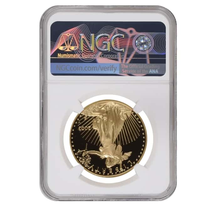 2003 W 1 oz $50 Proof Gold American Eagle NGC PF 69 UCAM Mint Error (Rev Struck Thru)
