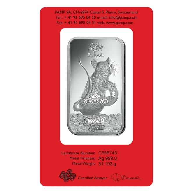 1 oz PAMP Suisse Year of the Mouse / Rat Silver Bar (In Assay)