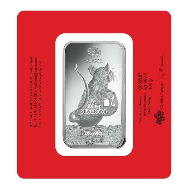 100 gram PAMP Suisse Year of the Mouse / Rat Silver Bar (In Assay)