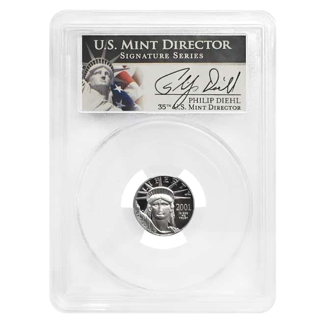 2001 W 1/10 oz $10 Platinum American Eagle Proof Coin PCGS PF 70 UCAM (Philip Diehl Sign Label)