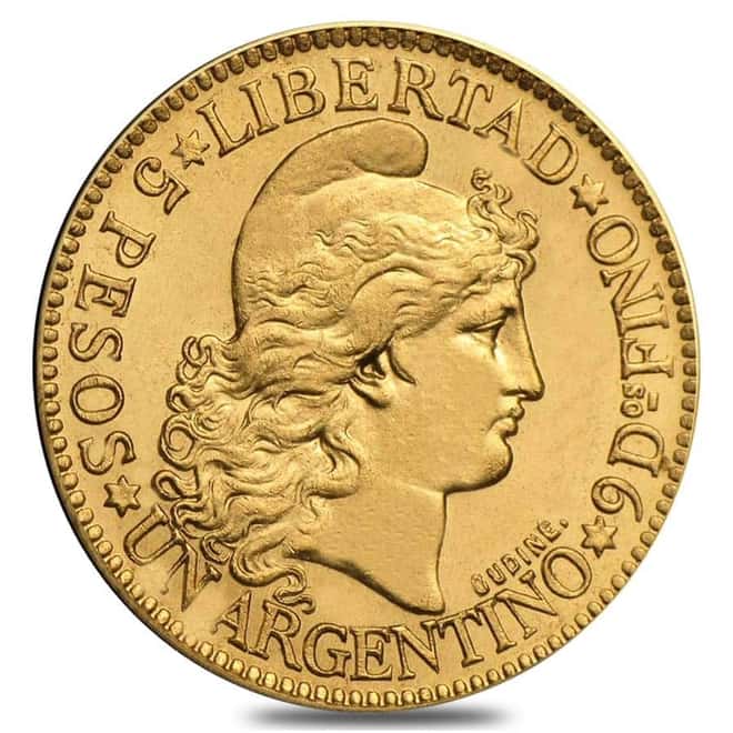 5 Pesos Argentina Gold Coin AU/BU AGW .2334 oz (Random Year, 1881 - 1896)
