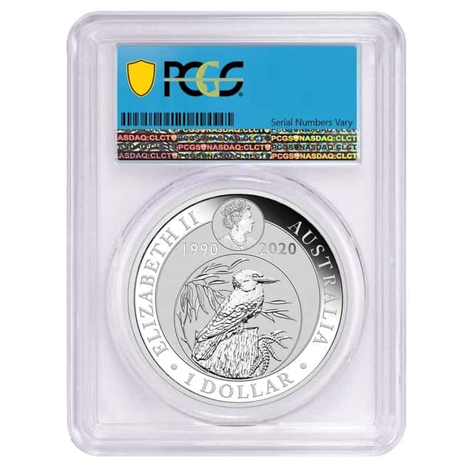 2020 1 oz Silver Australian Kookaburra Perth Mint PCGS MS 70 FDOI (30th Ann. Kookaburra Label)