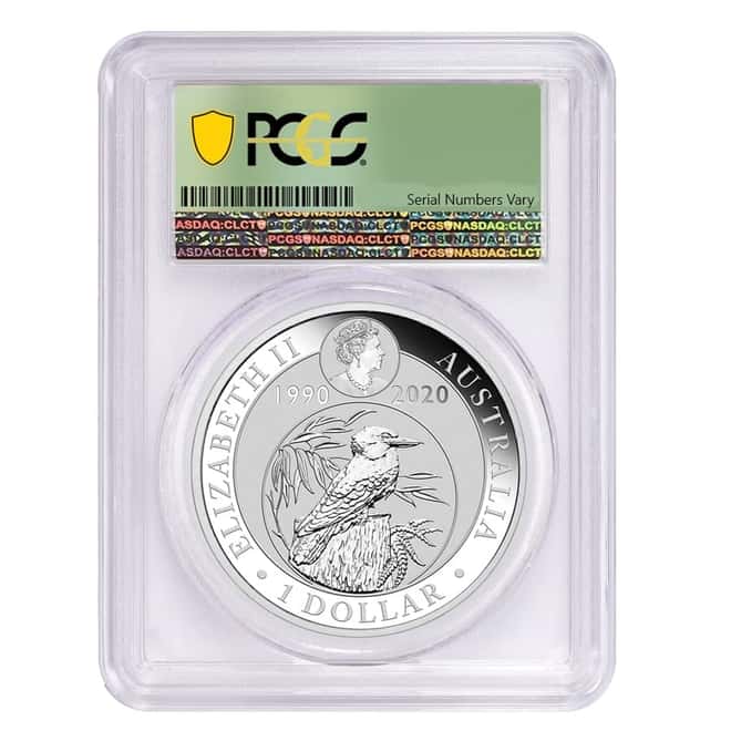 2020 1 oz Silver Australian Kookaburra Perth Mint PCGS MS 70 FS (30th Ann. Kookaburra Label Green)