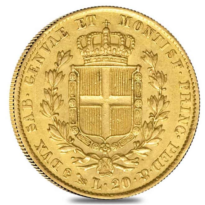Italian States Sardinia Gold 20 Lire Charles Albert AGW 0.1866 oz Avg Circ (Random Year, 1831-1849)