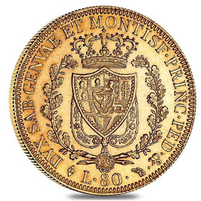 Italian States Sardinia Gold 80 Lire Charles Felix AGW 0.7465 oz Avg Circ (Random Year, 1824-1831)