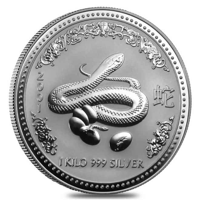 2001 1 Kilo Silver Lunar Year of The Snake BU Australian Perth Mint In Cap