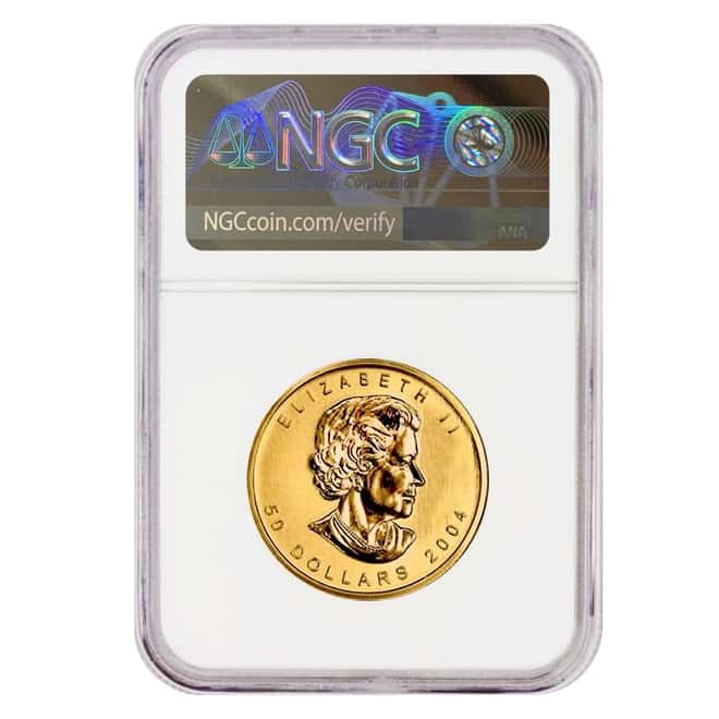 2004 1 oz Canadian Gold Maple Leaf 25th Anniv $50 Coin NGC MS 70