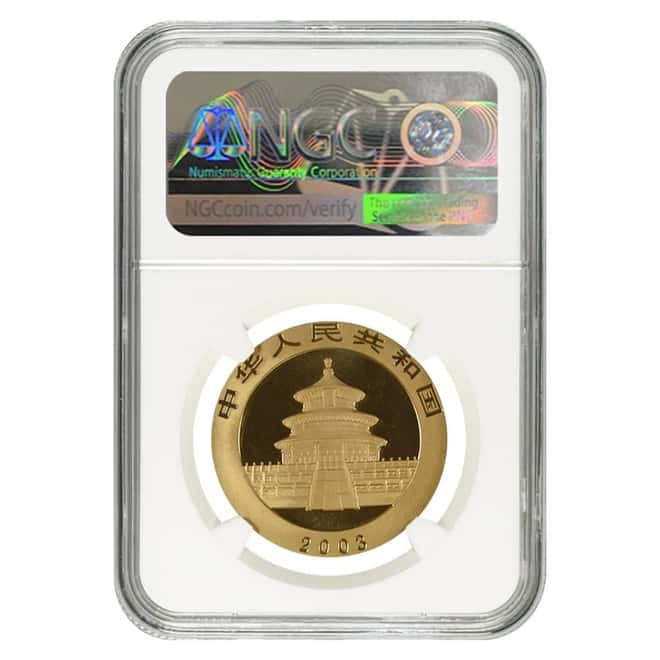 2003 1 oz Chinese Gold Panda 500 Yuan Mirrored Bamboo NGC MS 70