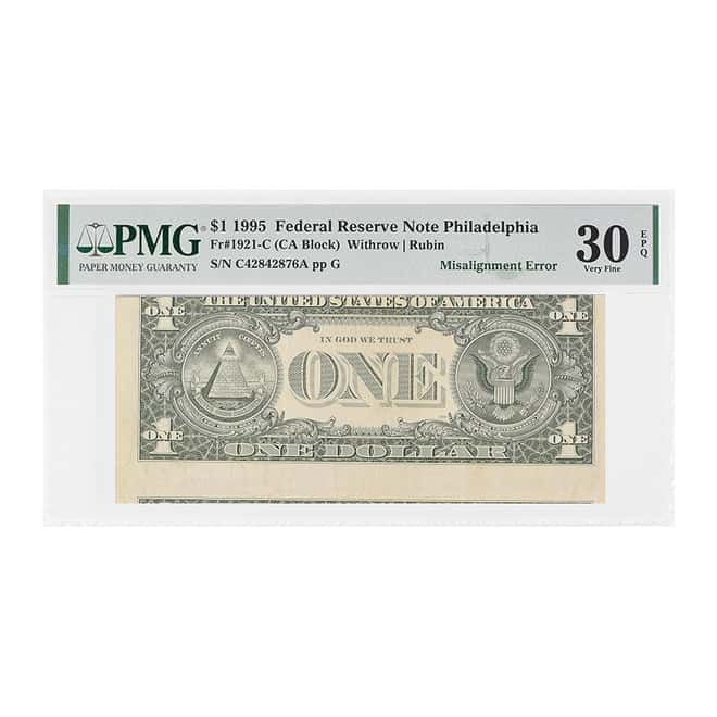 1995 $1 Federal Reserve Currency Note Philadelphia PMG VF 30 EPQ (Misalignment Error)