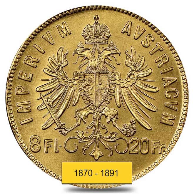 Austria 8 Florins/20 Francs Gold Coin AGW .1867 oz (Random Year 1870-1891)