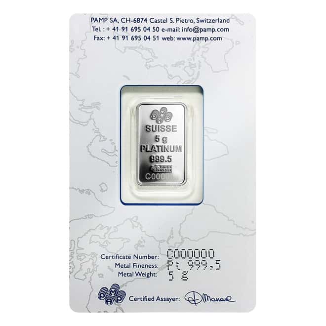 5 gram PAMP Suisse Statue of Liberty Platinum Bar .9995 Fine (In Assay)