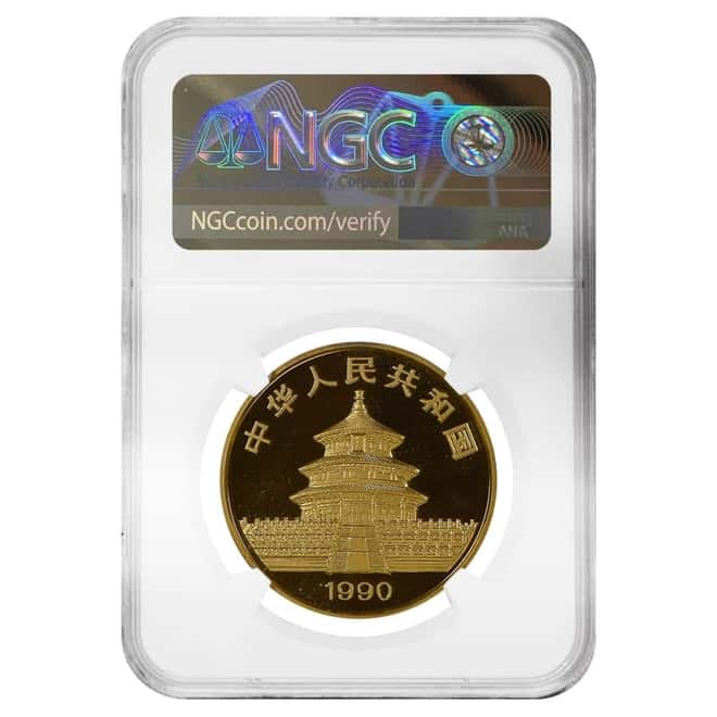 1990 1 oz Chinese Gold Panda 100 Yuan Small Date NGC MS 69