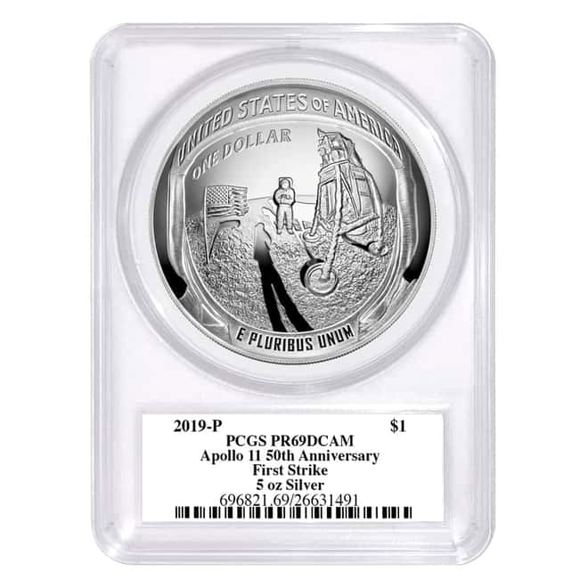2019 P 5 oz Apollo 11 50th Anniversary Proof Silver Dollar Comm. PCGS PF 69 FS (Moon Label) 