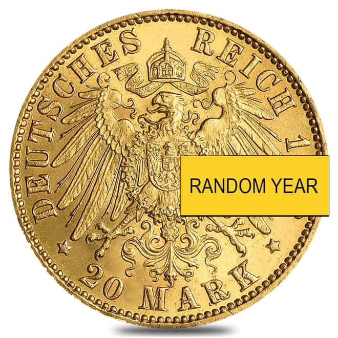 Germany 20 Marks Gold Coin Avg Circ AGW .2304 oz (Random Year/Design)