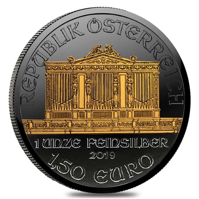 2019 1 oz Austrian Silver Philharmonic Coin Black Ruthenium 24K Gold Edition (w/Box & COA) 