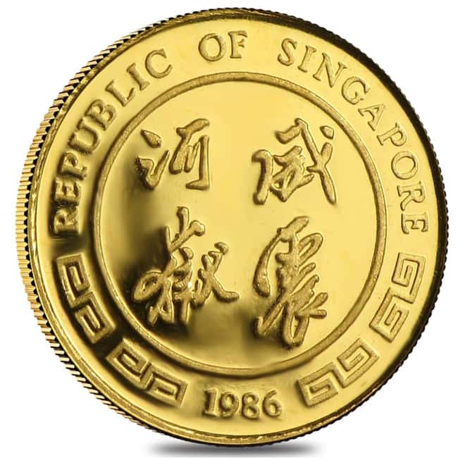 1986 1/20 oz Singapore 5 Singold Year of the Tiger Gold Proof-Like Coin (Sealed)