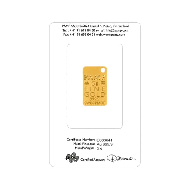 5 gram Gold Bar PAMP Suisse Cobra Skin .9999 Fine (In Assay)