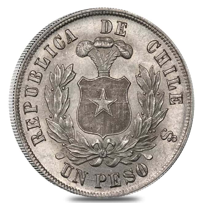 Chile One Peso Silver Coin Circ ASW 0.7234 oz (Random Year, 1867-1891)