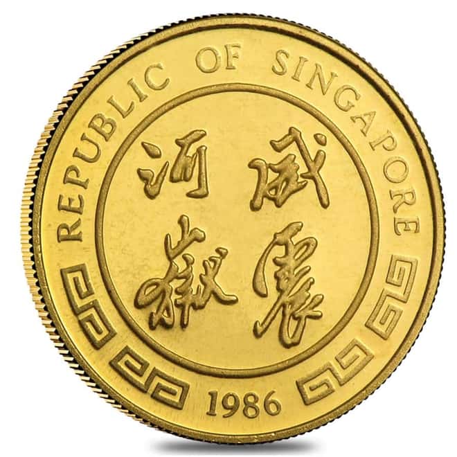 1986 1/10 oz Singapore 10 Singold Year of the Tiger Gold Proof-Like Coin (Sealed)
