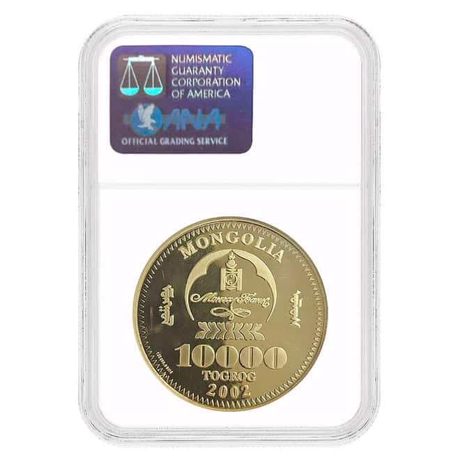 2002 1 oz Mongolia Proof Chinggis Kahn Gold Coin NGC PF 69
