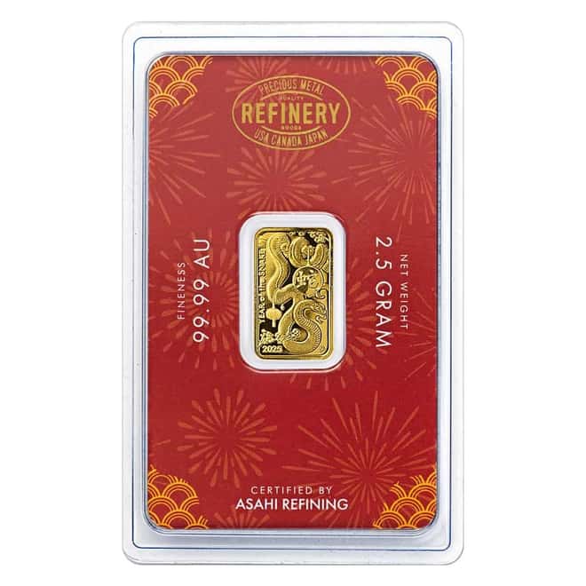 2025 2.5 Gram Asahi Lunar Snake Gold Bar .9999 Fine (in Assay)