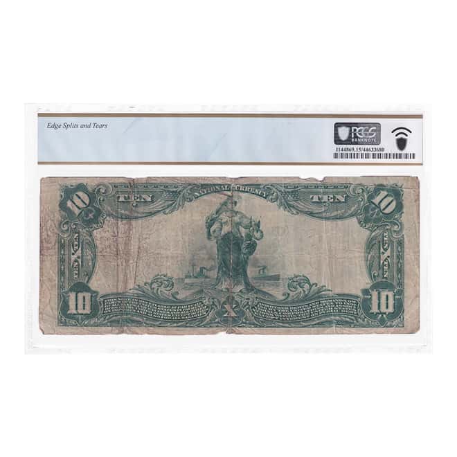1902 $10 Plain Back Battle Creek Michigan Currency Note PCGS F 15 Details (Edge Splits and Tears)