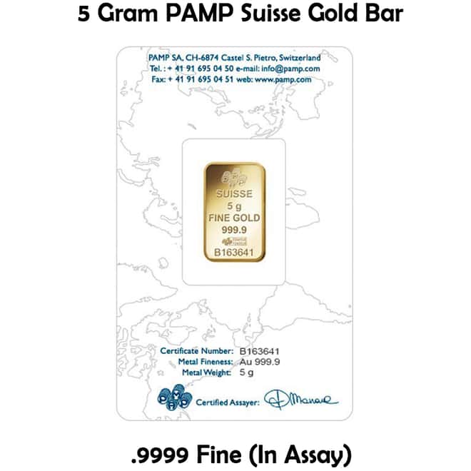 5 Gram PAMP Suisse Gold Bar .9999 Fine (In Assay)