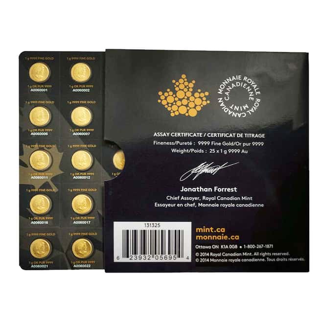 2014 25 x 1 gram Canadian Gold Maples .9999 Fine (Individual Assays) 