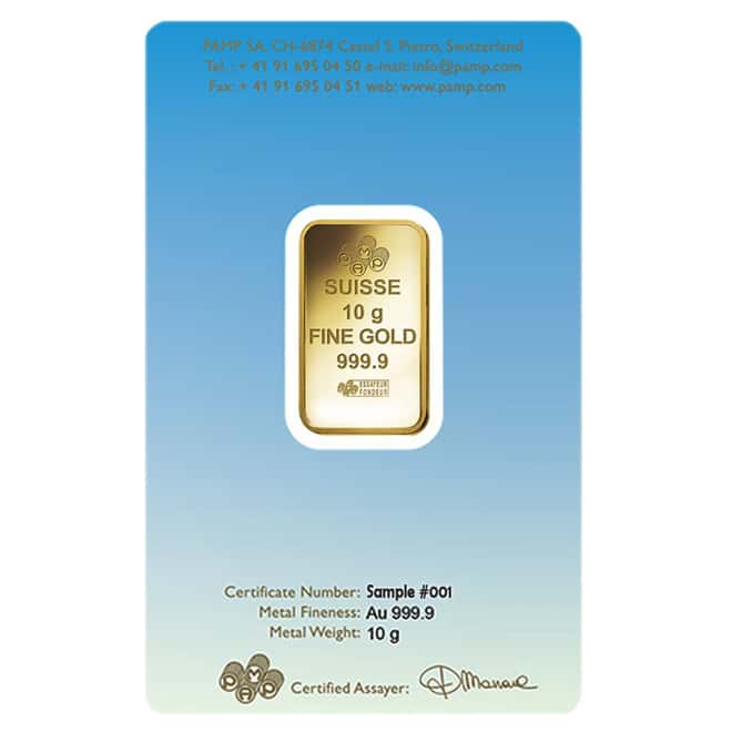 10 gram PAMP Suisse Gold Bar - Romanesque Cross (in Assay) .9999 Fine