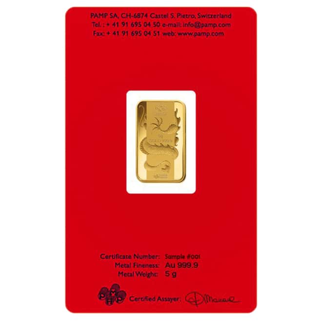 5 gram PAMP Suisse Year of the Dragon Gold Bar (In Assay)