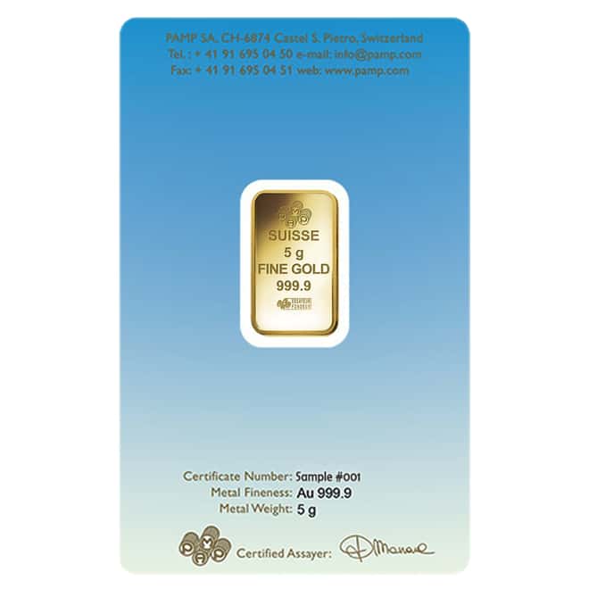 5 gram PAMP Suisse Gold Bar - Lakshmi (in Assay) .9999 Fine
