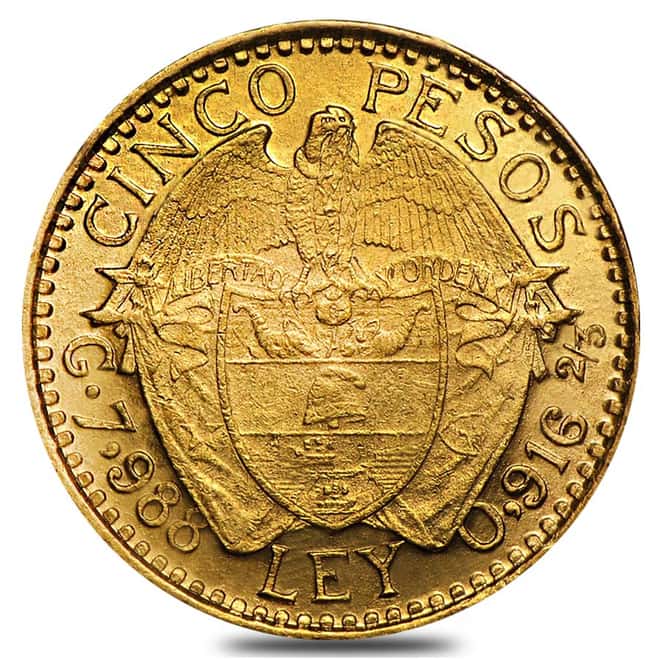 Colombia 5 Pesos Gold Coin Avg Circ AGW 0.2355 oz (1913-1930, Random Year)