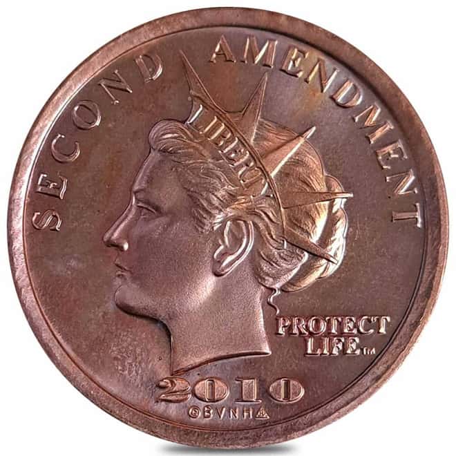 2010 1 oz AV NORFED Bud's Gun Shop Second Amendment Liberty Copper Round .999 Fine