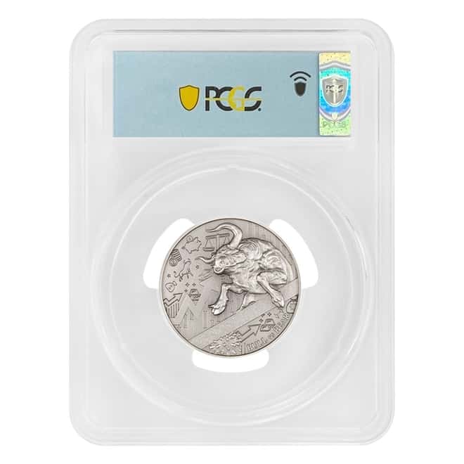 2021 Chad 2 oz Silver Bull vs Bear Pandemic Coin PCGS MS 69 FS Antiqued High Relief