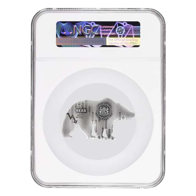 2021 Chad 1 oz Silver Bear Shaped Coin NGC MS 70 FDOI Antiqued High Relief