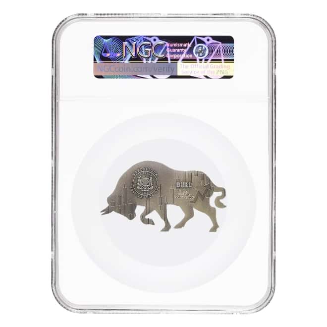 2021 Chad 1 oz Silver Bull Shaped Coin Serial #5 NGC MS 70 FDOI Antiqued High Relief