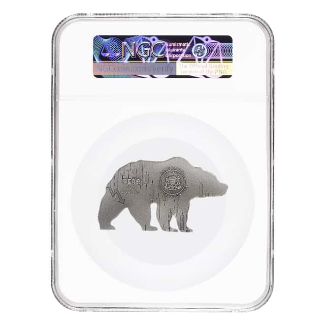 2021 Chad 1 oz Silver Bear Shaped Coin Serial #1 NGC MS 70 FDOI Antiqued High Relief