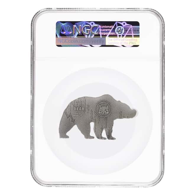 2021 Chad 1 oz Silver Bear Shaped Coin Serial #4 NGC MS 70 FDOI Antiqued High Relief