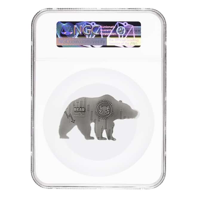 2021 Chad 1 oz Silver Bear Shaped Coin Serial #5 NGC MS 70 FDOI Antiqued High Relief