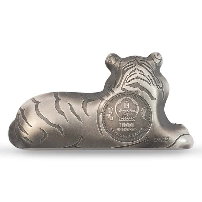 2022 1 oz Silver Lunar Year of The Charming Tiger Shaped Coin Mongolia .999 Fine (w/Box & COA)