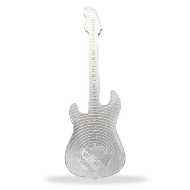 2021 1 oz Silver Fender 75th Anniv Stratocaster Guitar Shaped Coin Solomon Islands .9999 Fine (w/Box)