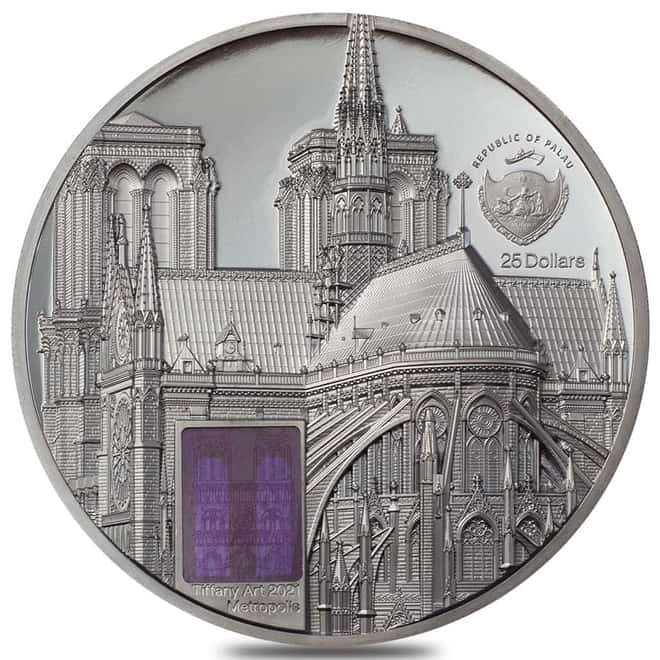 2021 Palau 5 oz Proof Silver Tiffany Art Metropolis - Notre-Dame de Paris Coin .999 Fine (w/Box & COA)