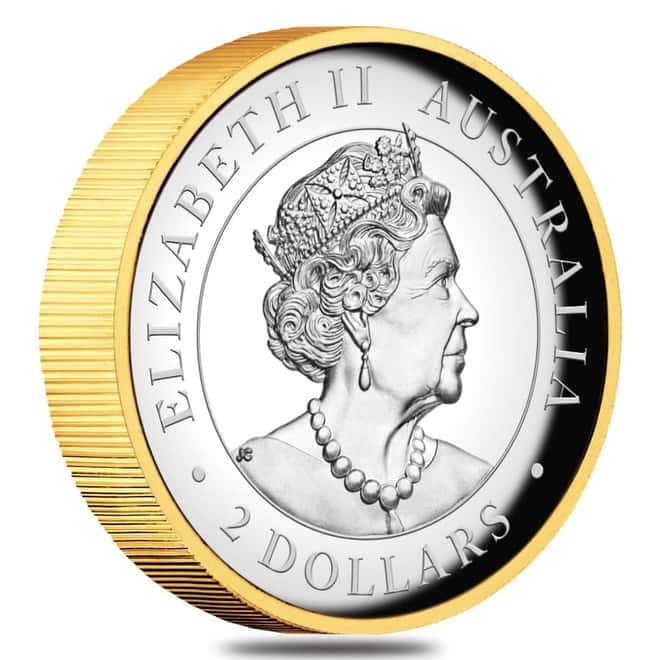 2022 2 oz Proof Silver Australian Kookaburra High Relief Gilded Coin Perth Mint .9999 Fine (w/Box & COA)