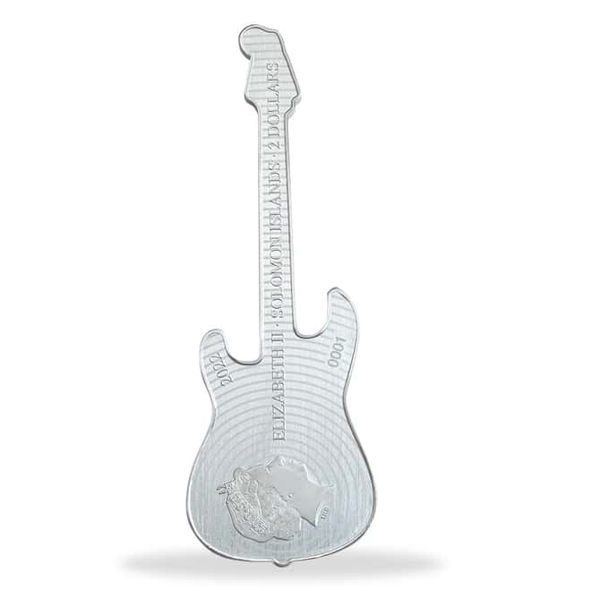 2022 1 oz Silver Fender Stratocaster Surf Green Guitar Shaped Coin Solomon Islands .9999 Fine (w/Box)