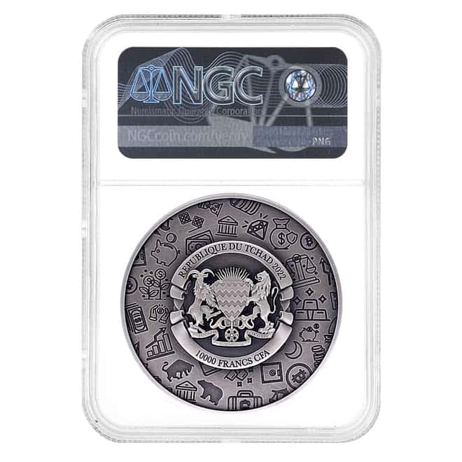 2022 Chad 2 oz Silver Inflation Protection Coin Serial #5 NGC MS 70 ER Antiqued High Relief