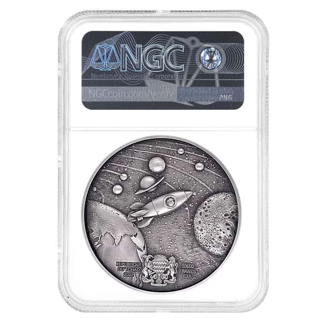 2022 Chad 2 oz Silver Doge On The Moon Antiqued High Relief Coin NGC MS 69 ER One of First 100