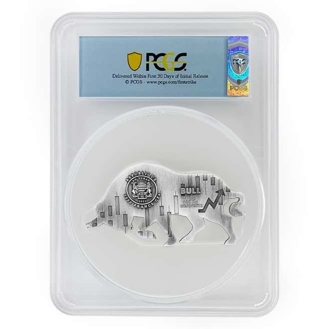 2021 Chad 1 oz Silver Bull Shaped Coin PCGS MS 69 FS Antiqued High Relief