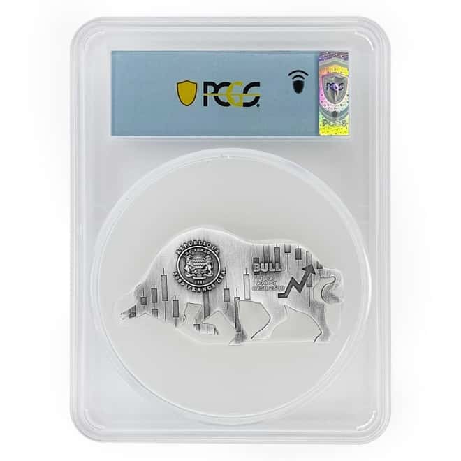 2021 Chad 1 oz Silver Bull Shaped Coin PCGS MS 70 FDOI Antiqued High Relief