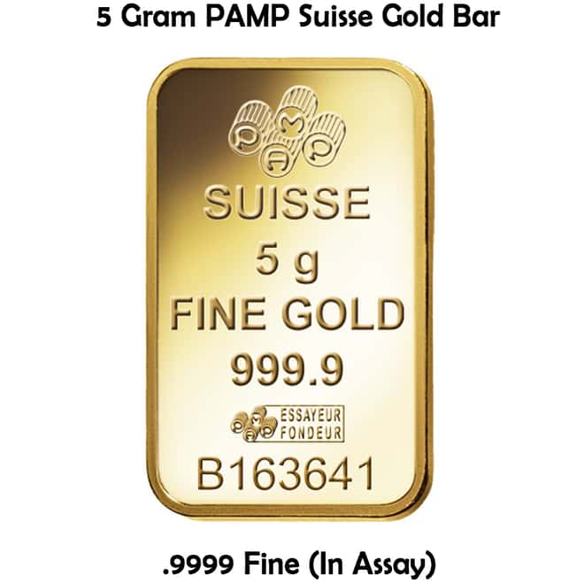 5 Gram PAMP Suisse Gold Bar .9999 Fine (In Assay)